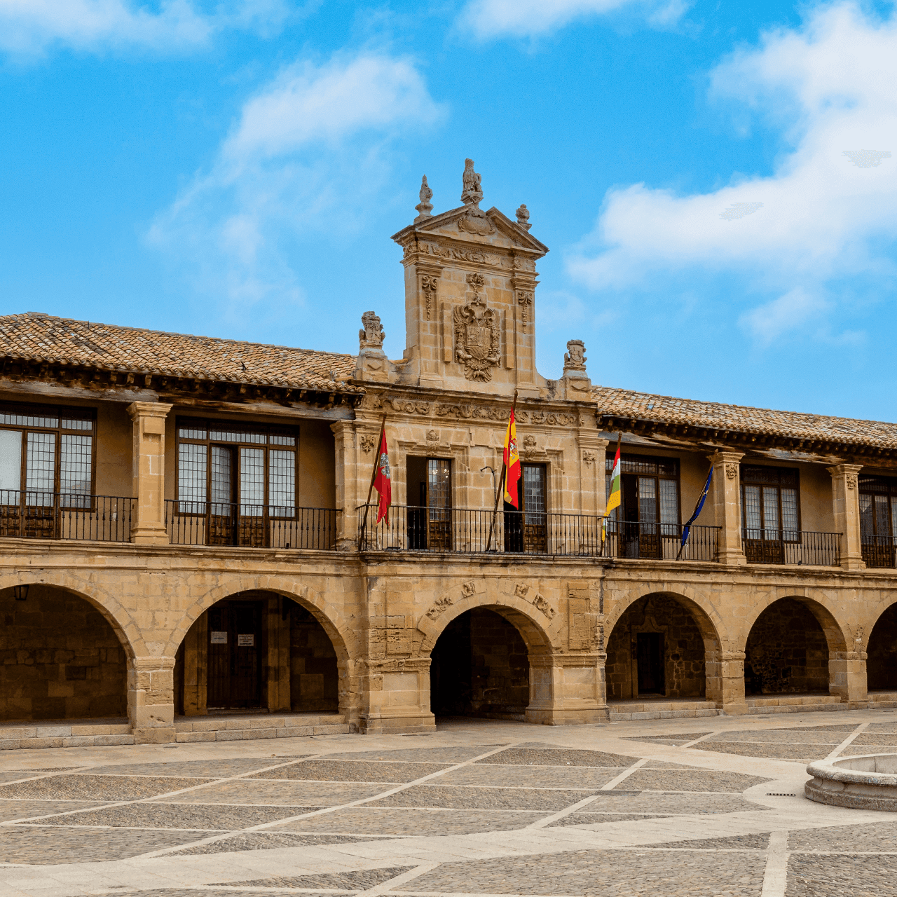 Ornate historical building with arched ground floor, balconies, flags, and central crest.