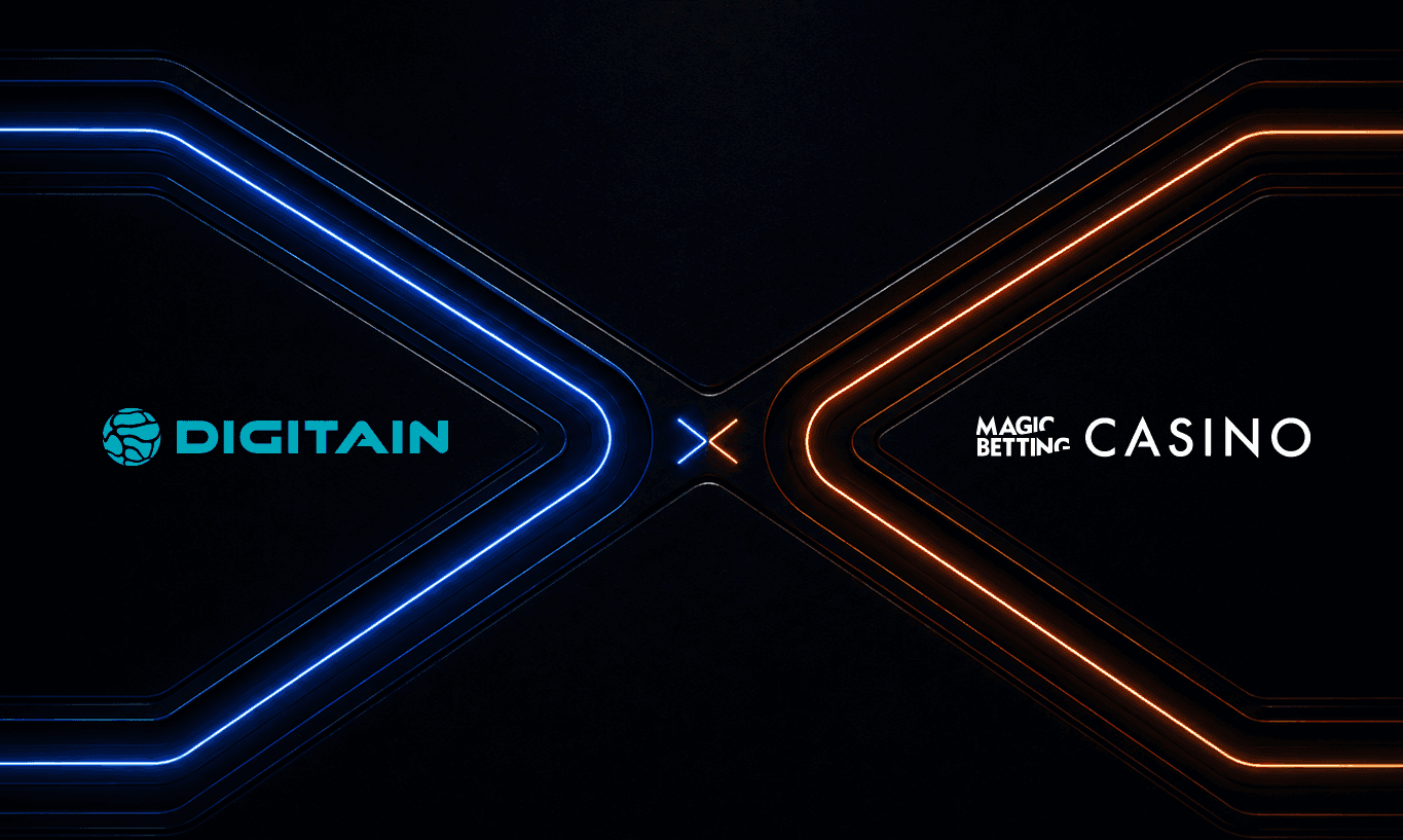 Digitain and Magic Bett Casino logos linked by neon lines signifying a partnership.