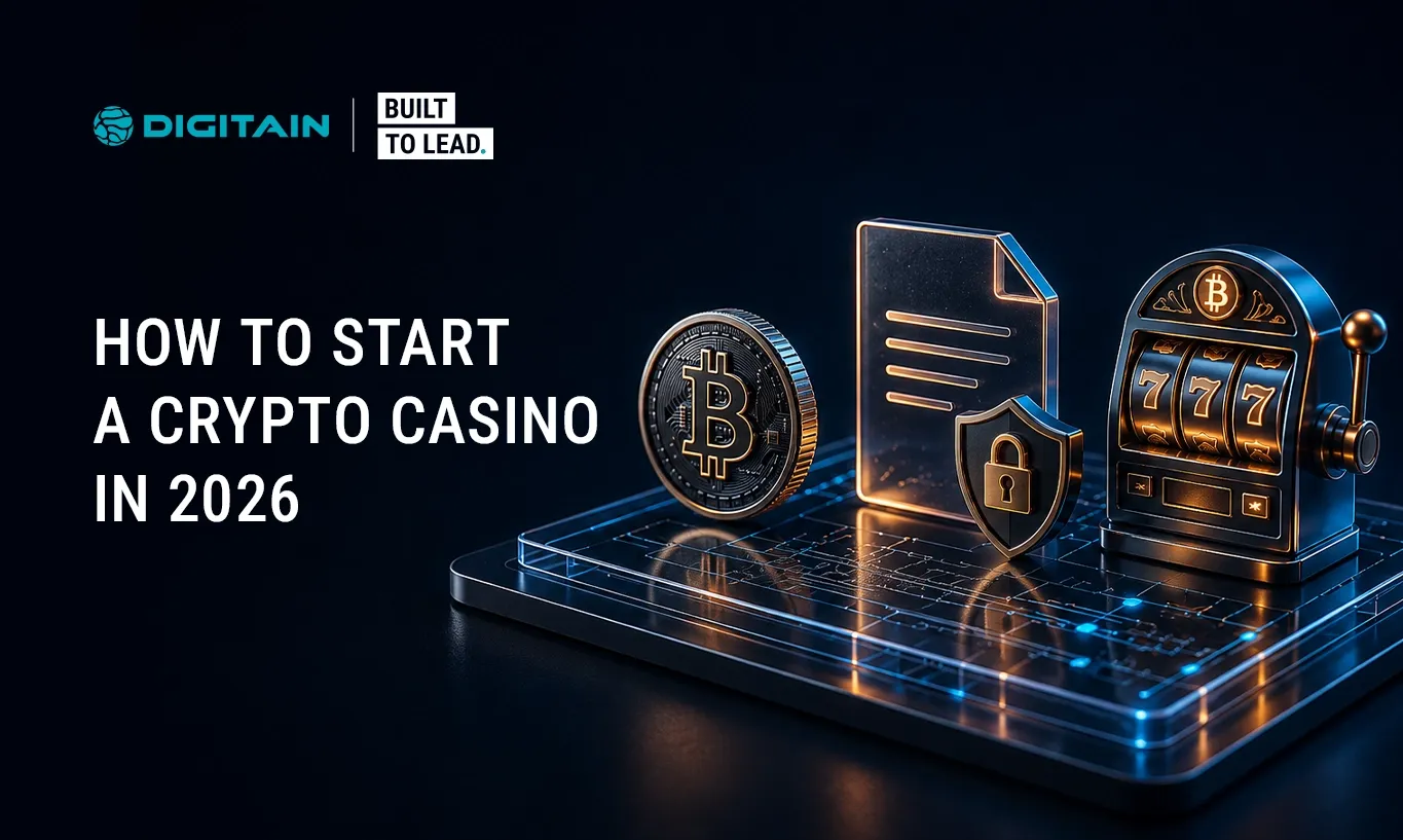 Graphic titled 'How to Start a Crypto Casino in 2026' with Bitcoin, document, lock, and slot machine icons.