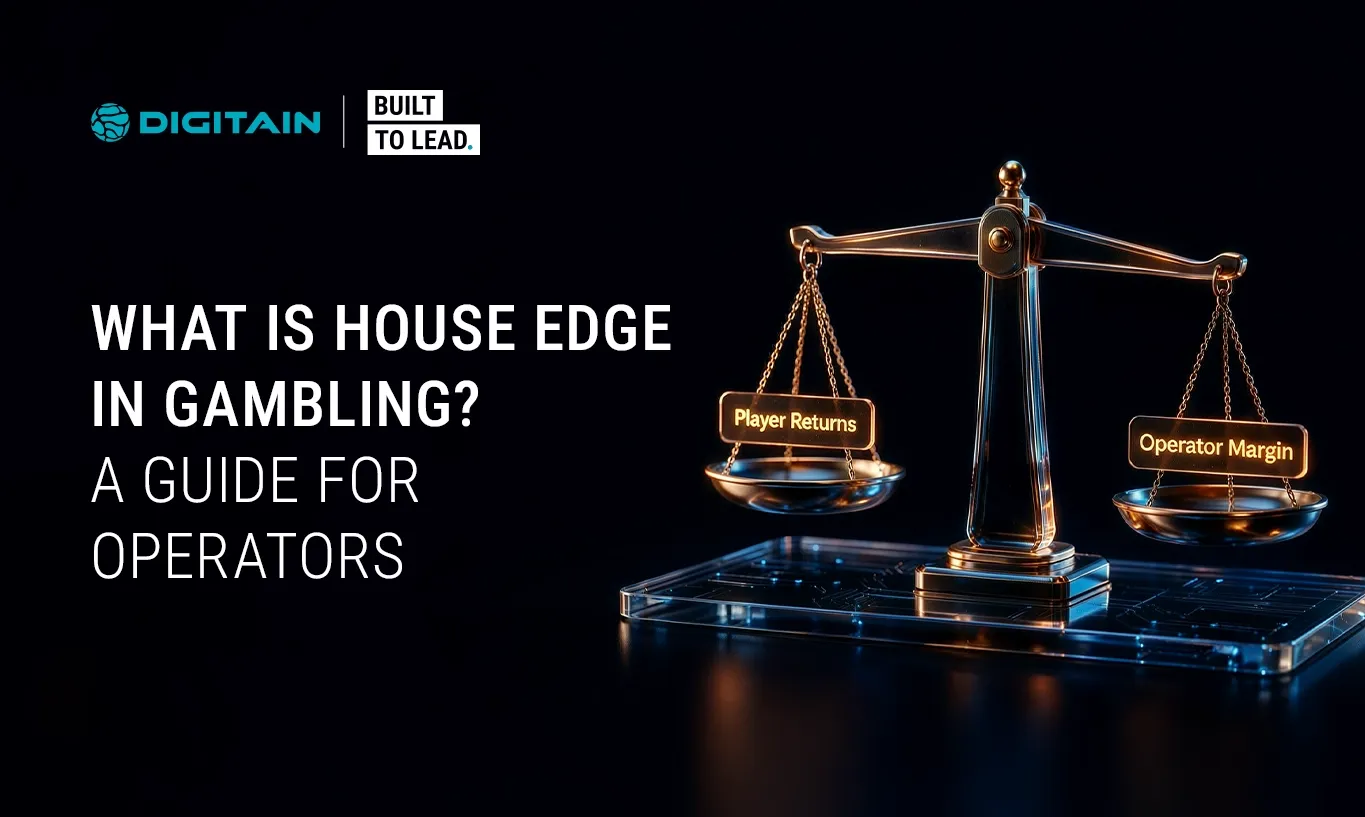 Balance scale comparing 'Player Returns' and 'Operator Margin' for 'House Edge in Gambling'.