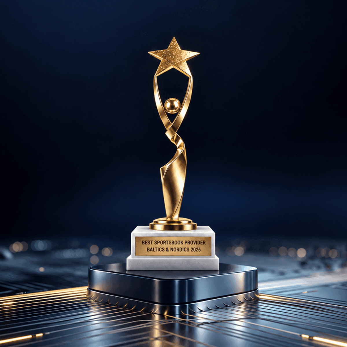 Golden trophy with a star on top, inscribed with 'BEST SPORTSBOOK PROVIDER SBC AWARDS 2023'.