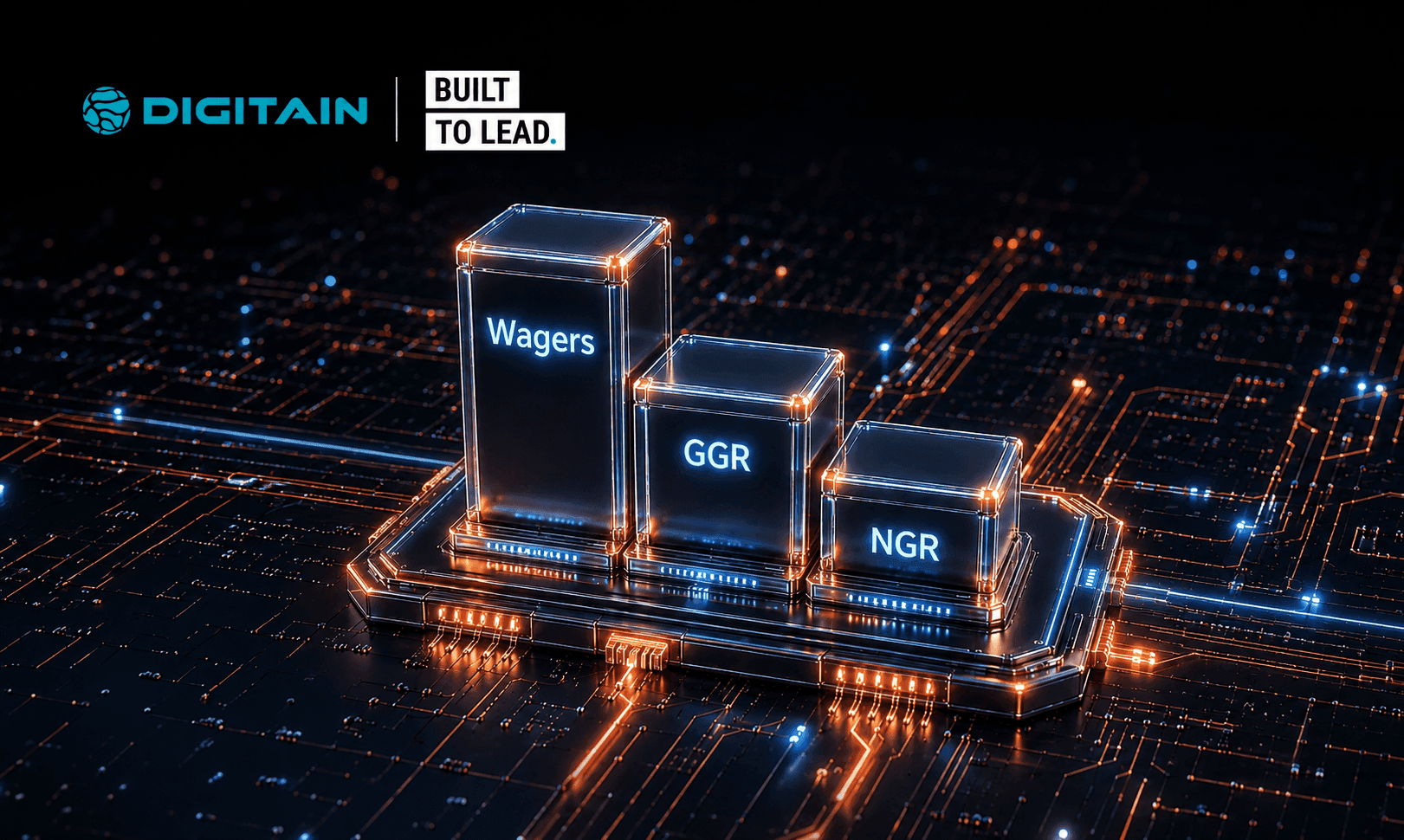 Smartphone showing 3D bar graphs for Wagers, GGR, and NGR on a tech background.