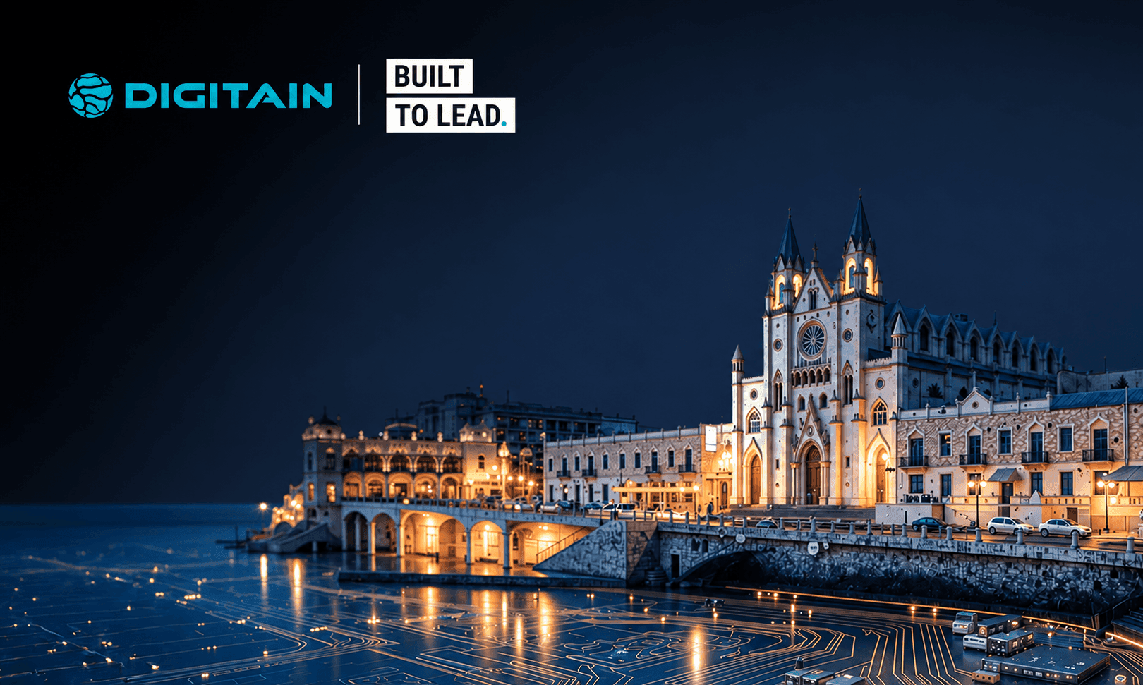 Grand illuminated cathedral with spires reflected on dark water at night.