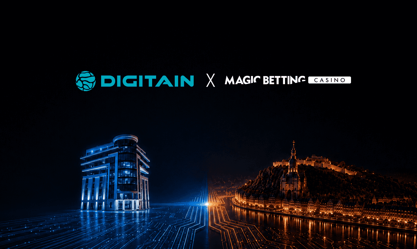 Digitain and Magic Betting Casino logos above a contrasting digital building and illuminated castle.