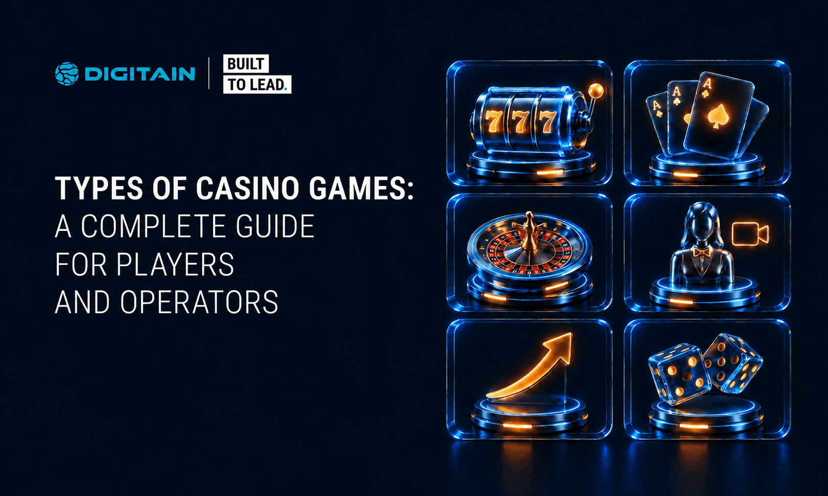 Graphic featuring neon casino game icons and the title 'Types of Casino Games: A Complete Guide'.