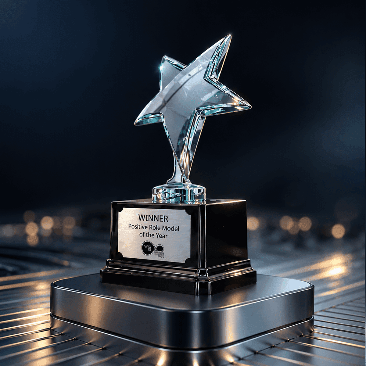 Silver and glass star trophy with 'WINNER Founder Role Model of the Year' inscription on a dark base.