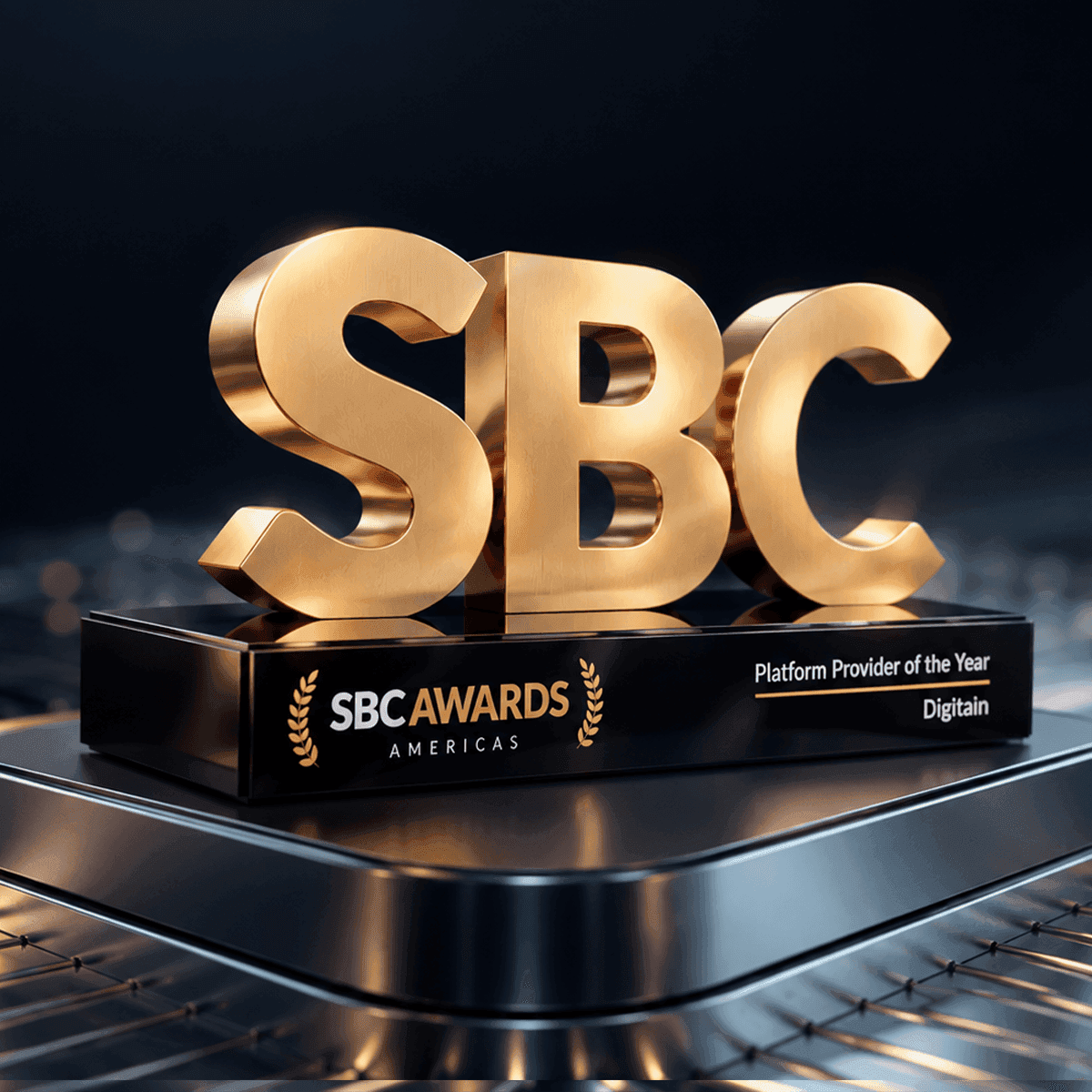 Golden SBC award trophy with laurels on a dark, reflective pedestal.
