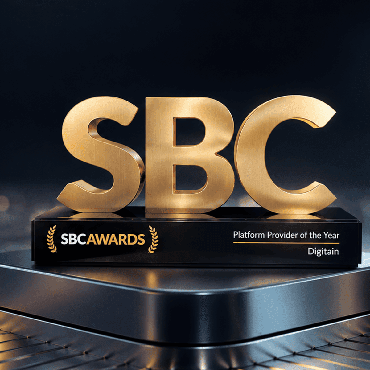 Golden SBC award trophy on a dark stand with 'Platform Provider of the Year' text.