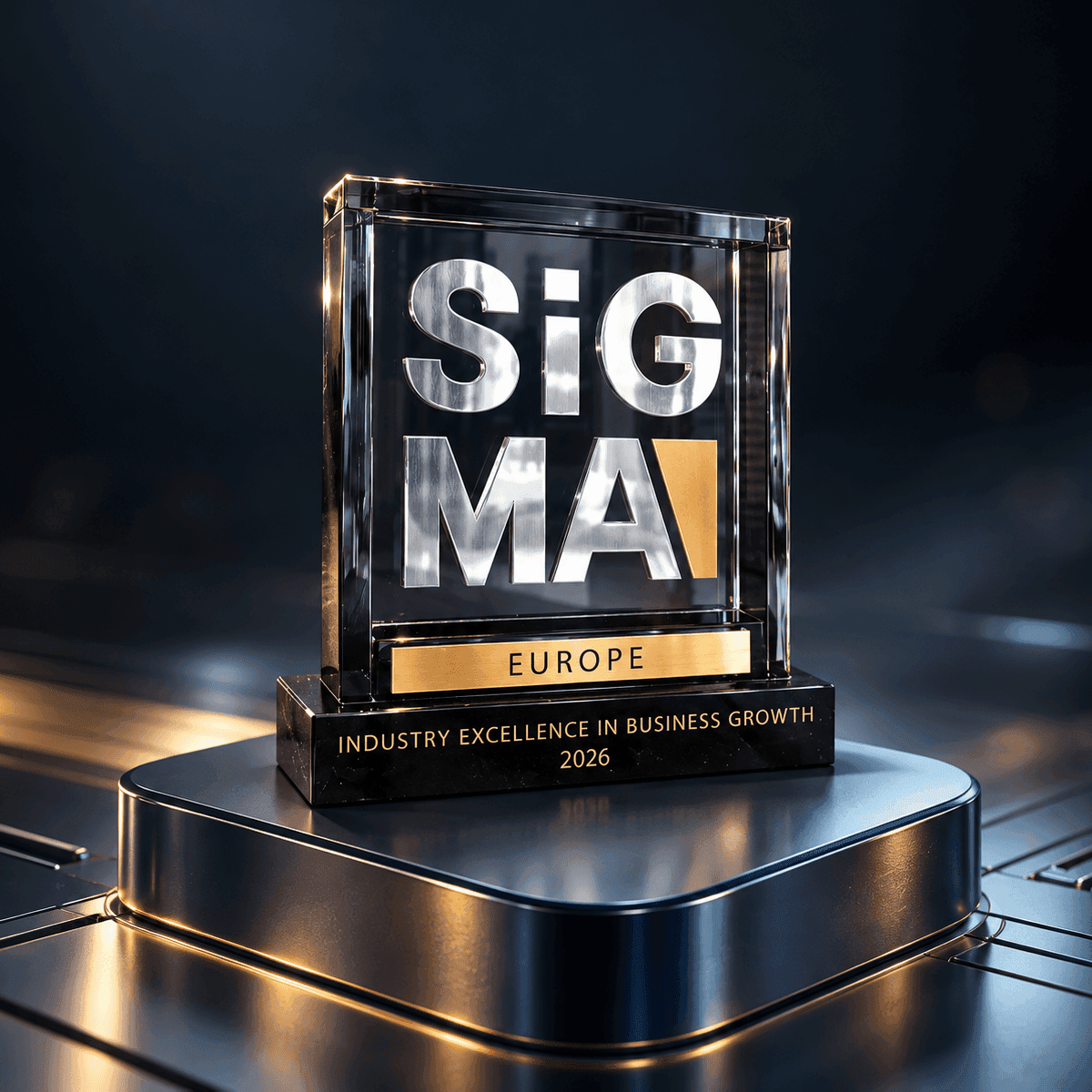 Glass award trophy for SiGMA Europe, recognizing Industry Excellence in Business Growth 2023.