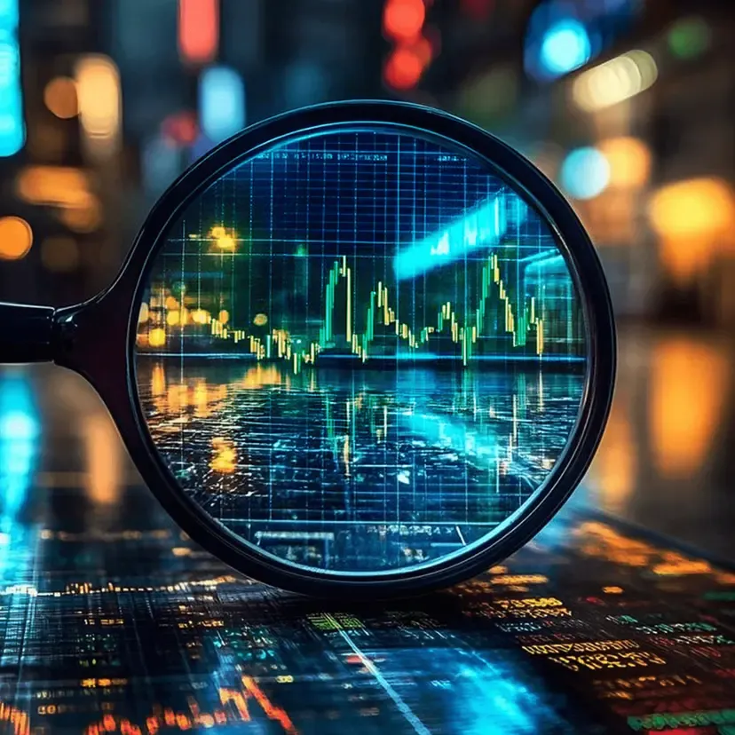 Magnifying glass revealing a vibrant green and blue digital financial graph on a dark background.