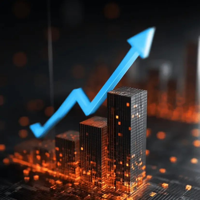 Bar chart with three increasing columns and a blue upward arrow signifying growth.