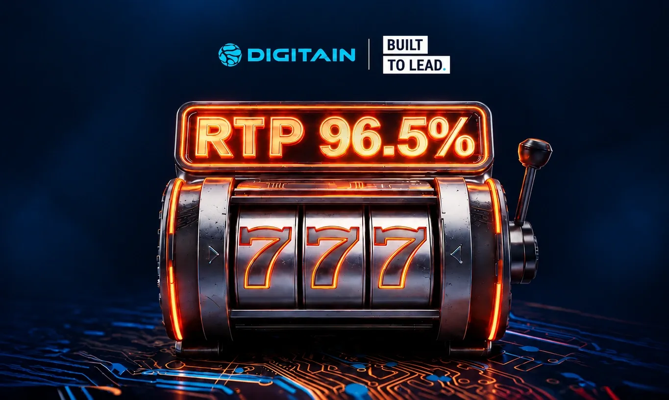 Slot machine showing three sevens and 'RTP 96.5%' display on a dark background.