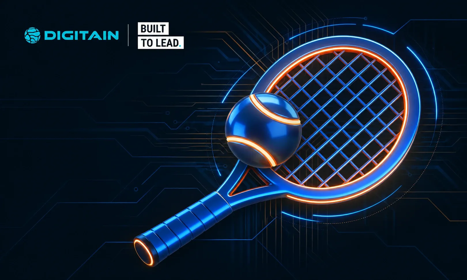 A neon blue tennis racket with an orange glowing ball on a dark, circuit-patterned background.