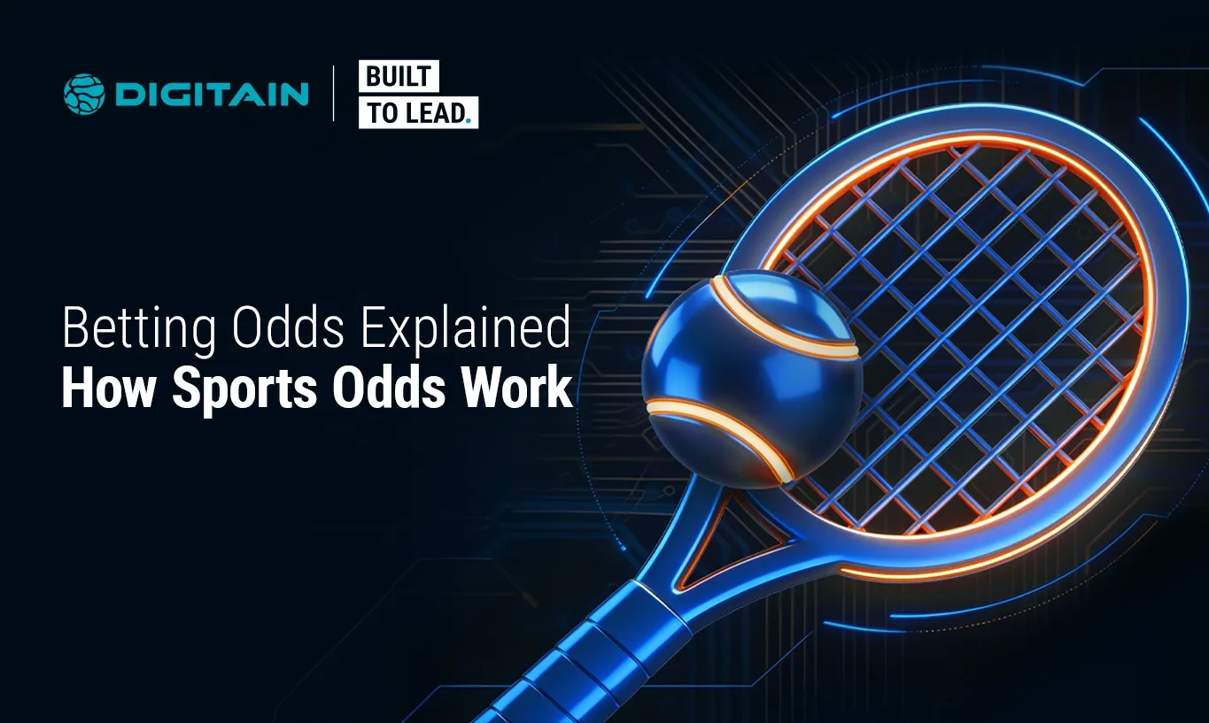 Neon tennis racket and ball, with text 'Betting Odds Explained How Sports Odds Work'.