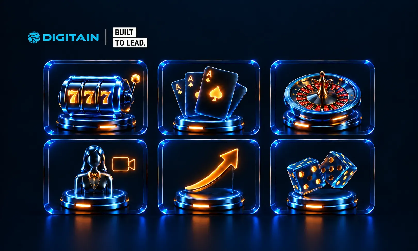 Digitain's glowing holographic icons represent casino games, business, and financial growth.
