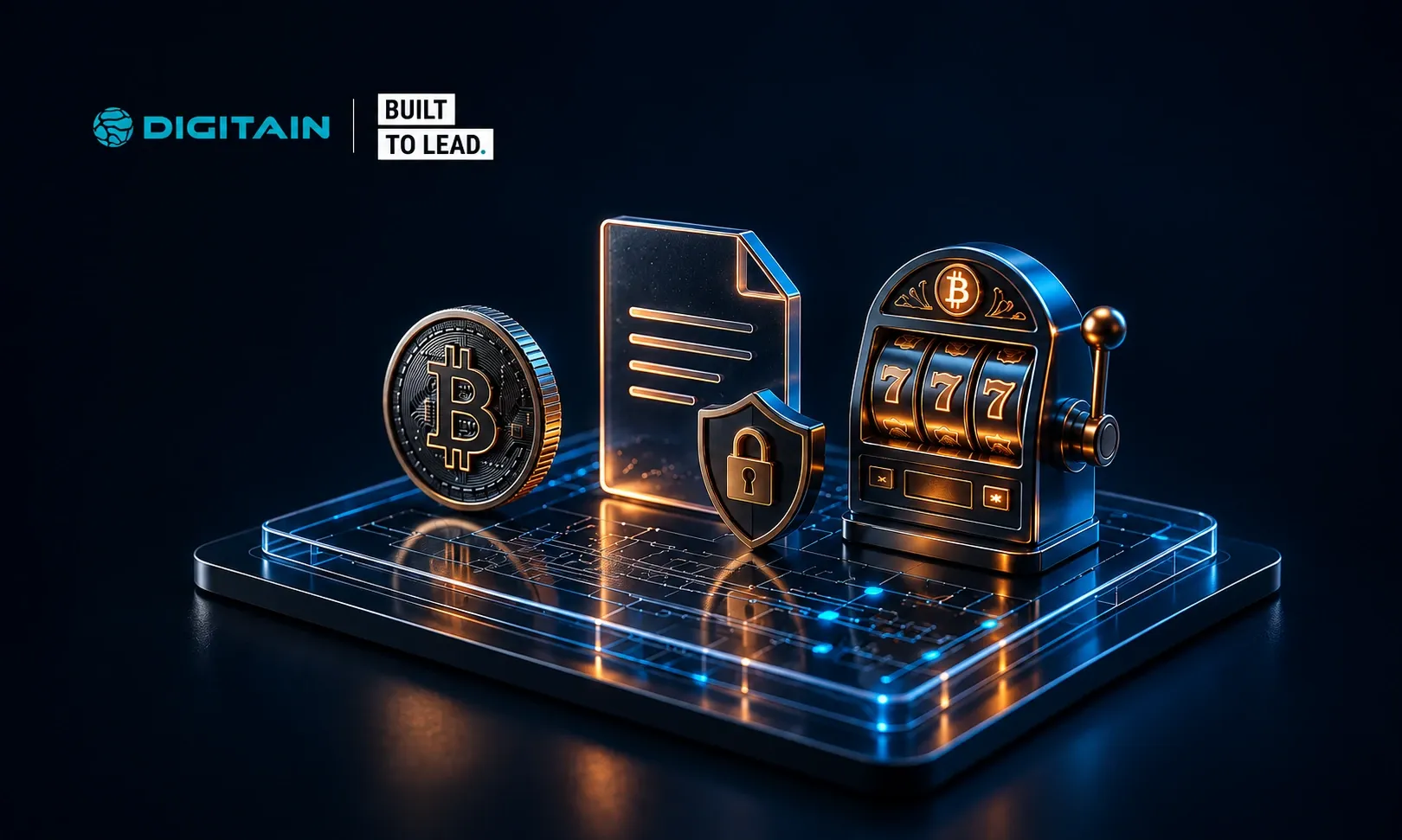 Bitcoin coin, document with padlock, and slot machine glowing on a digital platform.