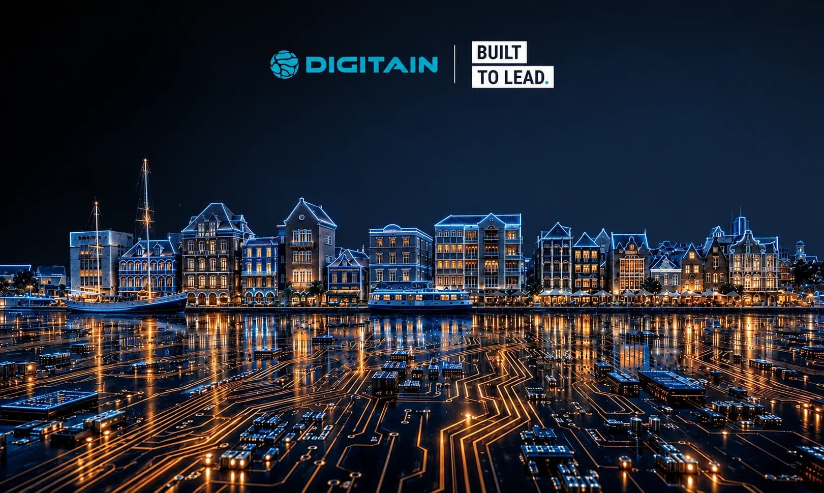 Digitain logo above an illuminated city skyline reflected in a circuit board patterned water.