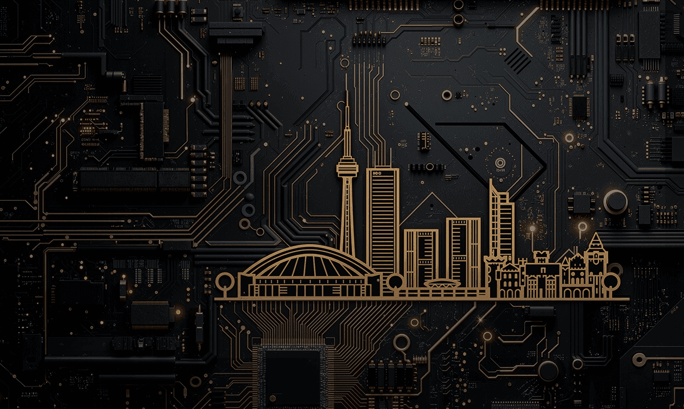 Golden city skyline silhouette overlaid on a dark circuit board with intricate traces.