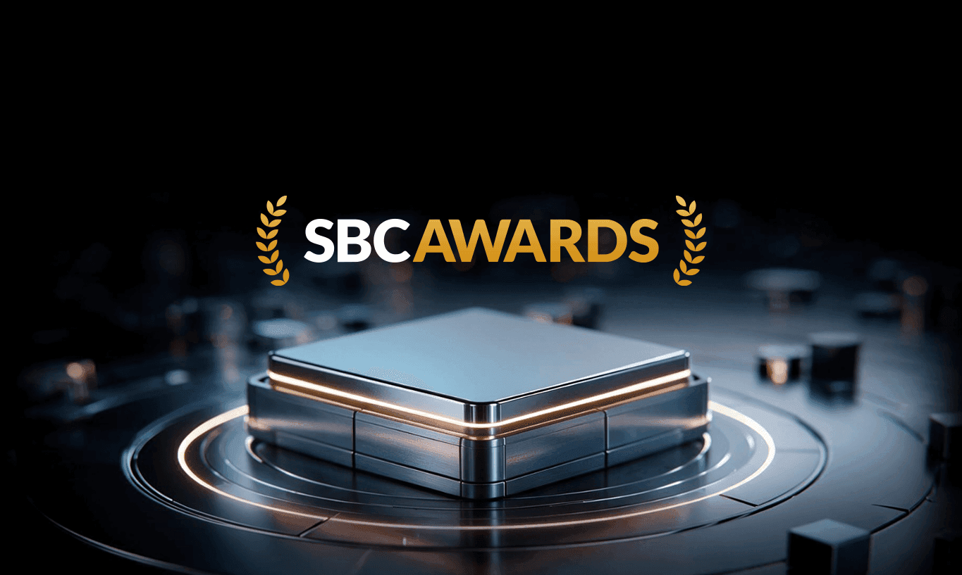 SBC Awards text above a glowing metallic pedestal on a dark, futuristic background.