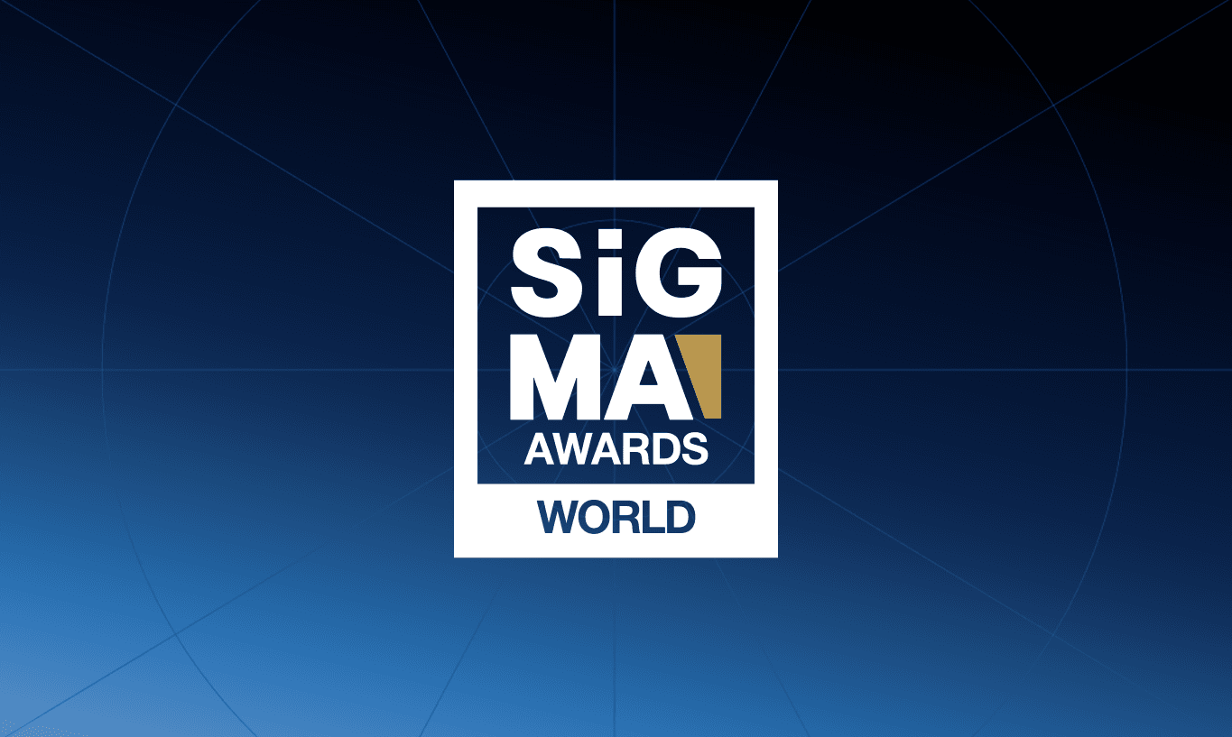 SiGMA Awards World logo on a blue background with a subtle world grid pattern.