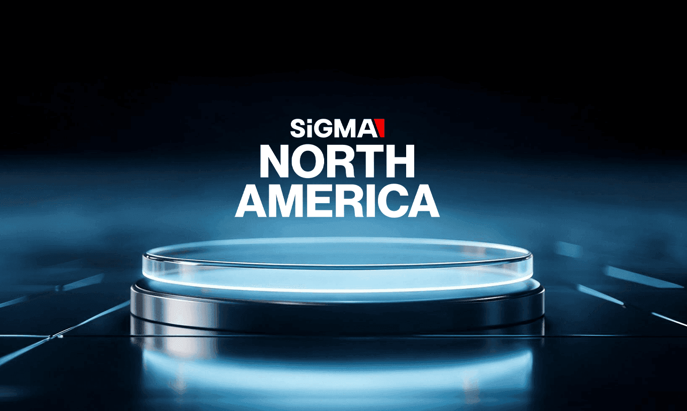 SiGMA North America logo displayed above a glowing blue futuristic podium.