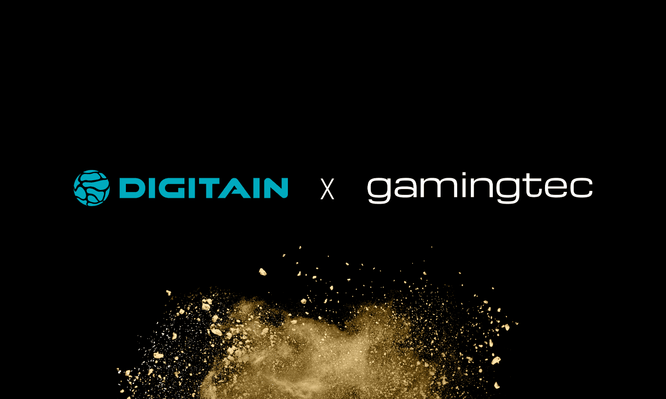 Digitain and Gamingtec logos displayed on black background with golden dust explosion.