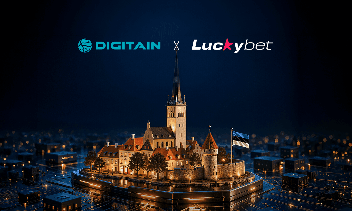 Digitain and Luckybet logos above a digital cityscape with an Estonian flag.