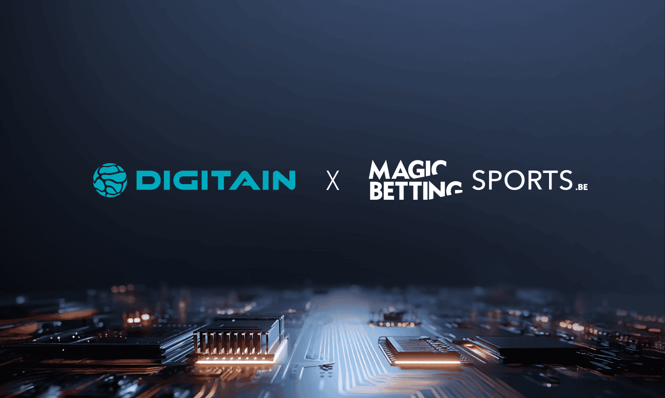 Digitain and Magic Betting Sports logos with an X, over a glowing circuit board background.