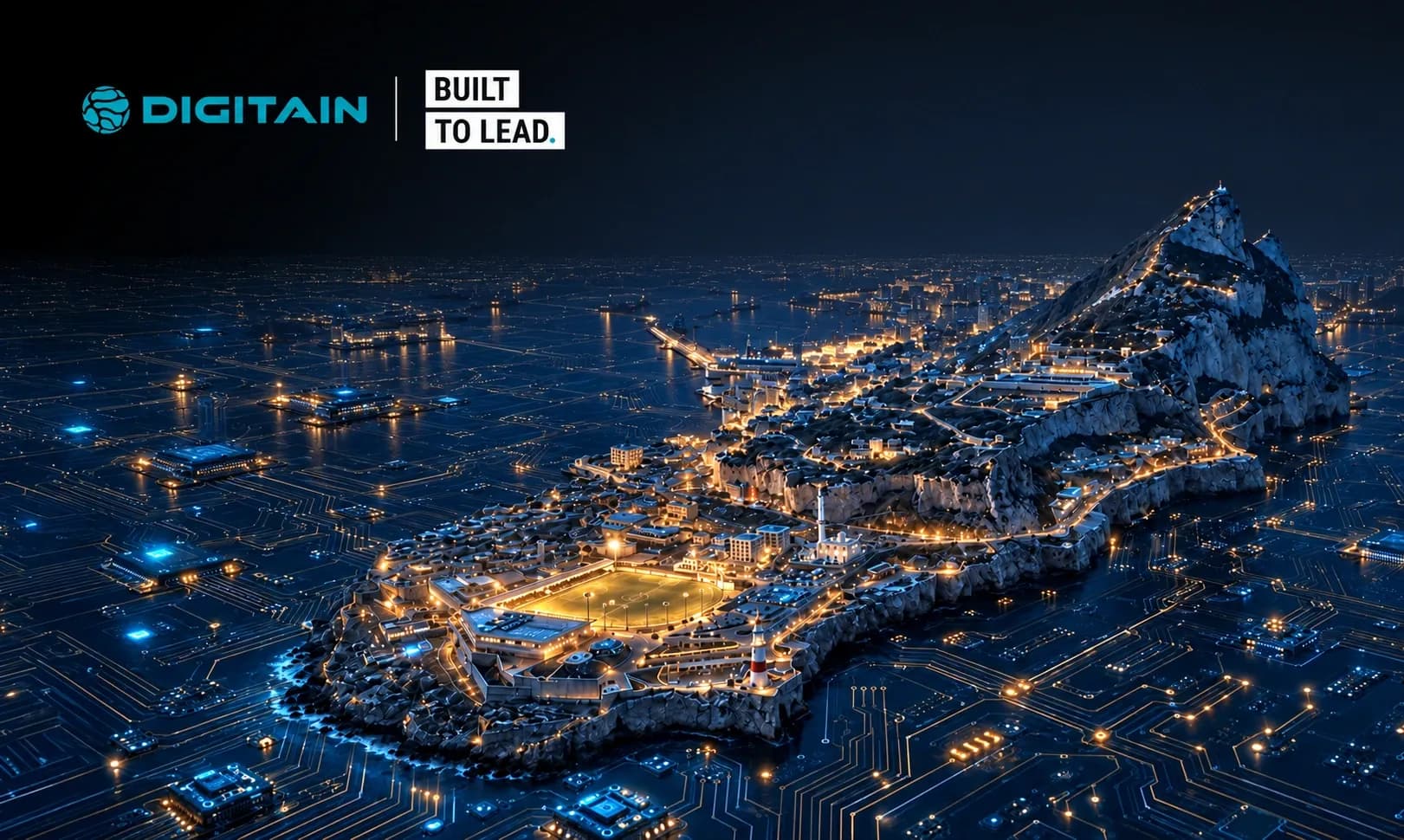 Futuristic illuminated city built on a circuit board design with mountains in the background.