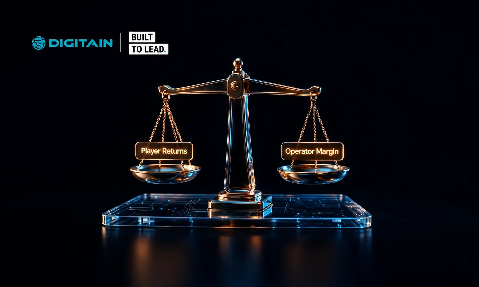 A golden scale balanced with 'Player Returns' and 'Operator Margin' on each pan.