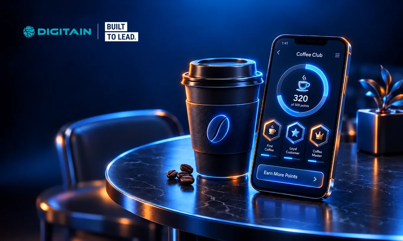 A glowing coffee cup, smartphone with a coffee loyalty app, and beans on a table.