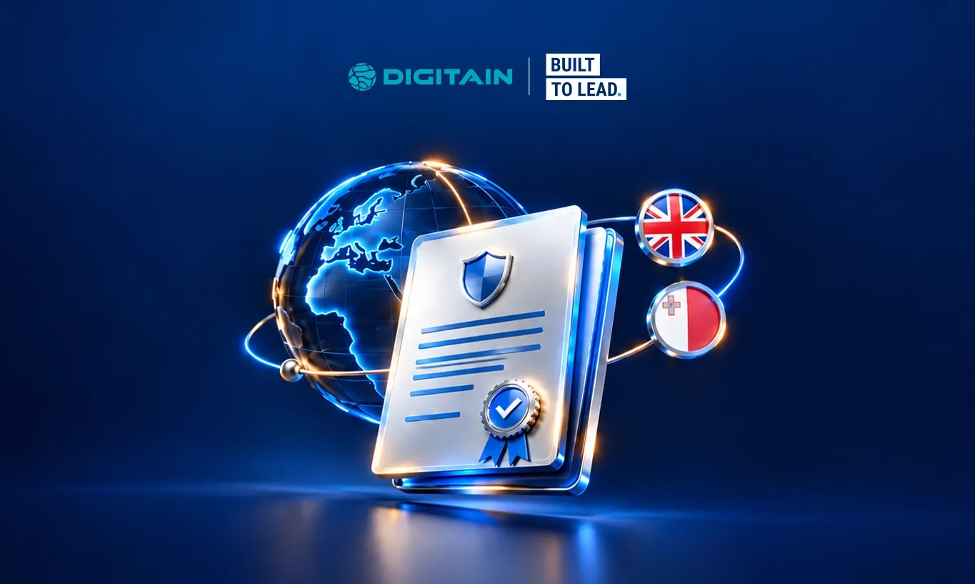 A glowing blue digital certificate with a globe, UK, and Malta flags.