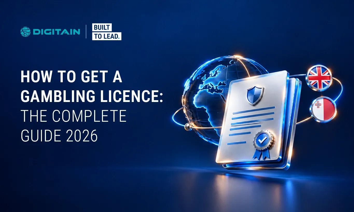 Gambling license document, globe, and UK/Malta flags with guide title for 2026.