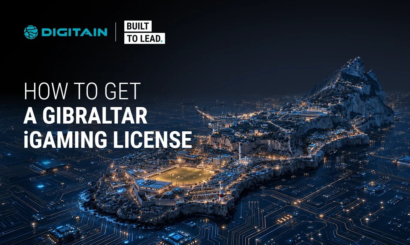 Digitain's guide on obtaining a Gibraltar iGaming license, illustrated over a futuristic cityscape.