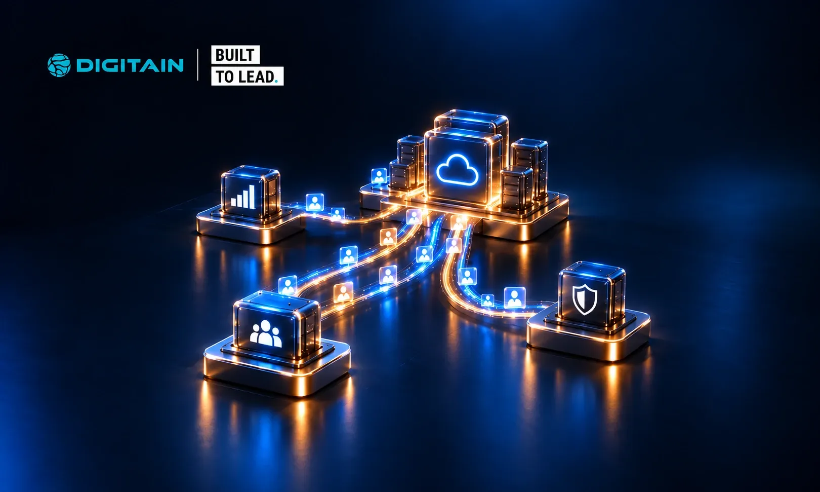 DIGITAIN BUILT TO LEAD text over glowing blue and gold futuristic network infrastructure.