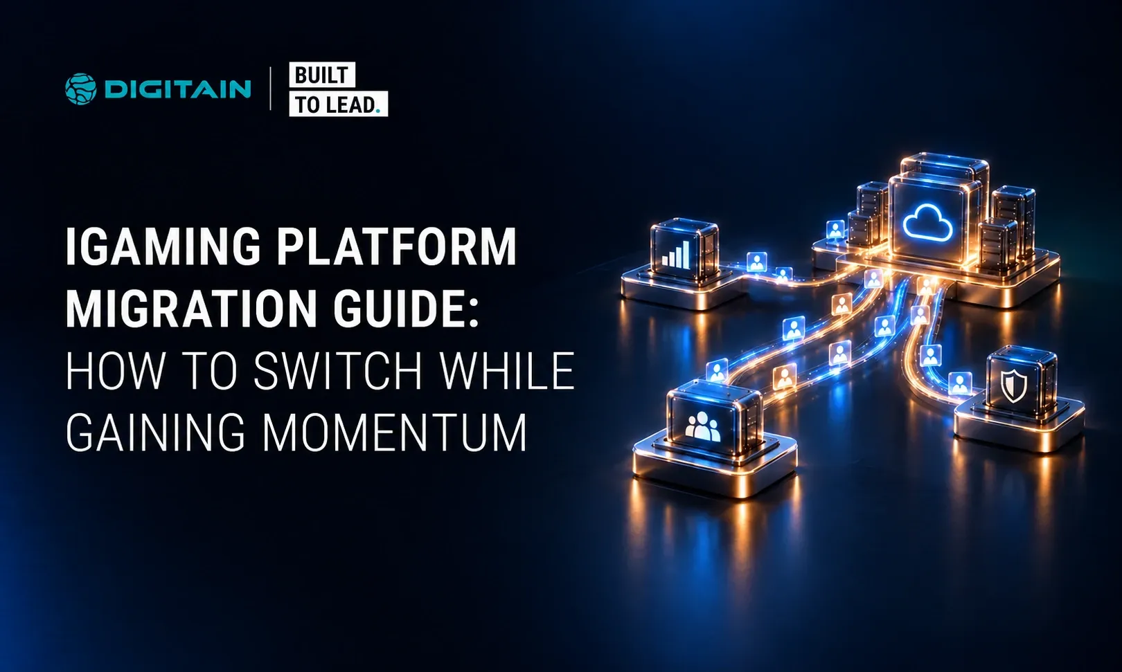 Abstract illustration of data migration between glowing cloud servers for an iGaming platform guide.