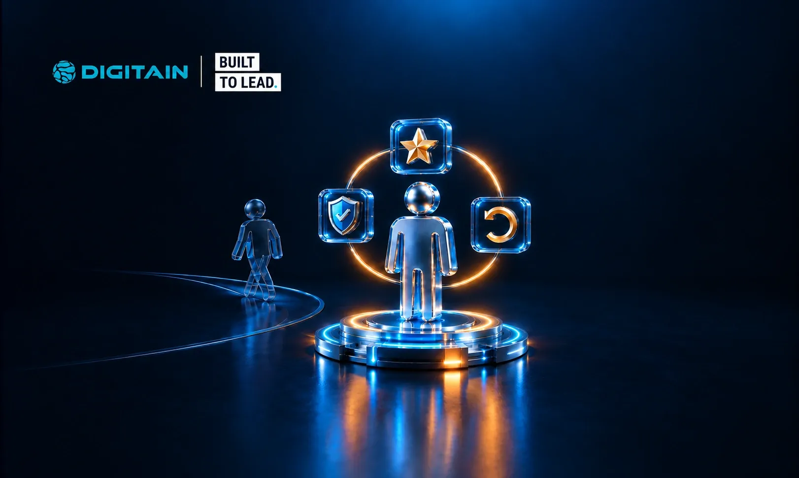 Glowing humanoid figure with star, shield, and currency icons on a dark blue background.