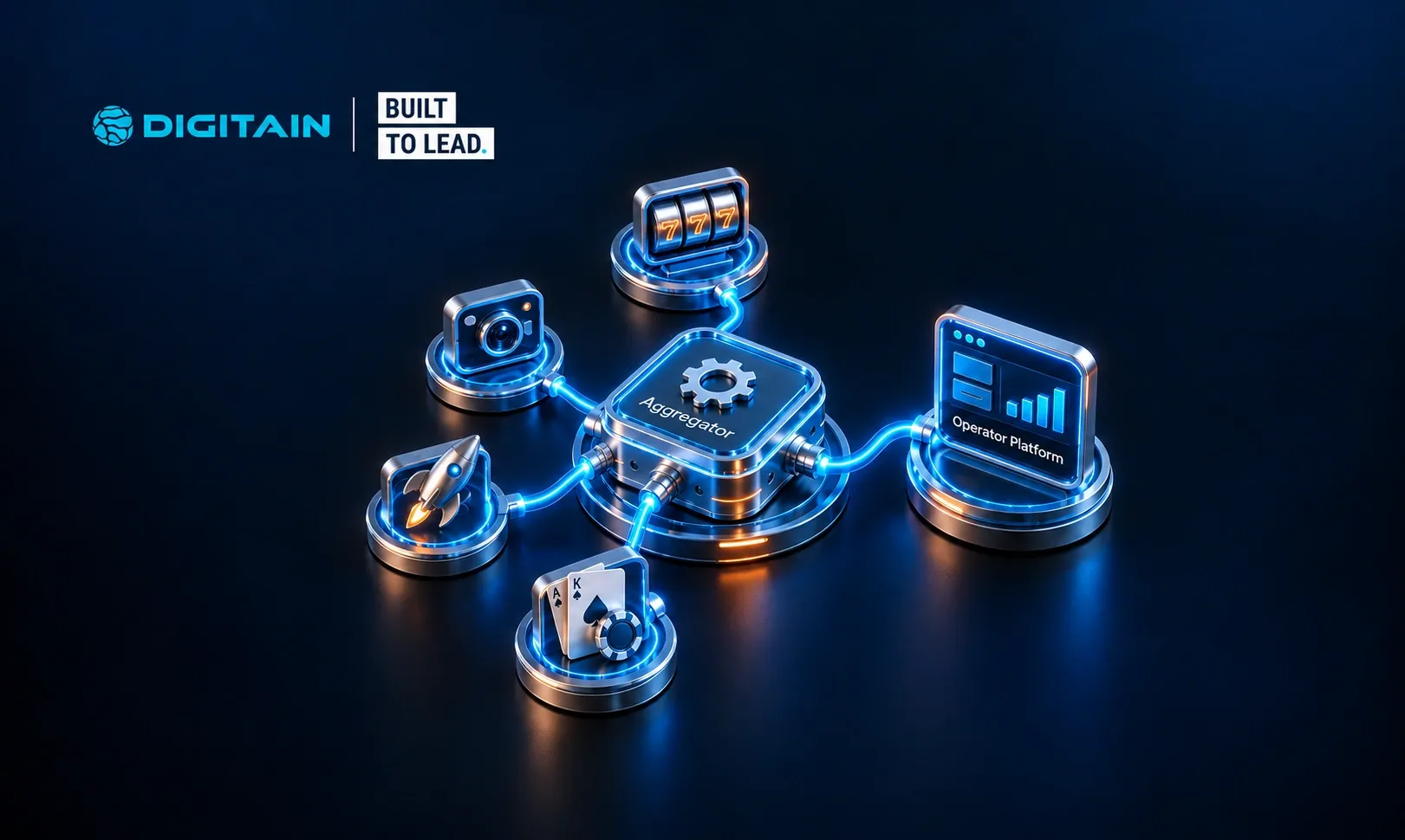 Digitain's central platform connects gaming services like slots, poker, and data analytics.