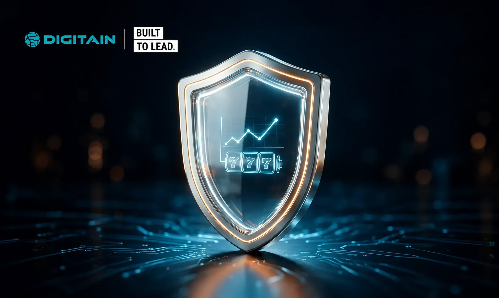 Glowing shield with a rising graph and full battery symbol, representing security and growth.