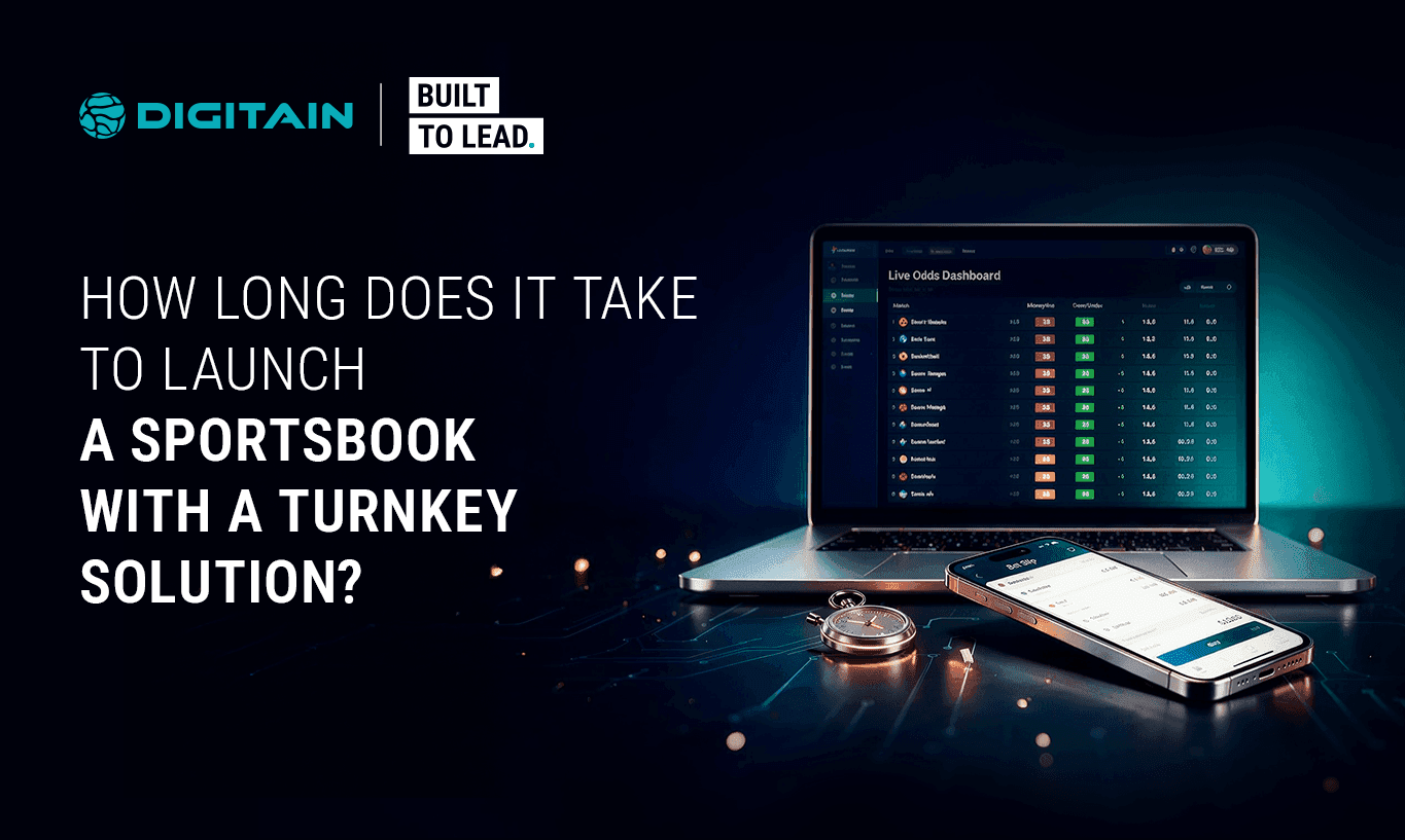 Text about launching a sportsbook solution, shown with a laptop and smartphone.