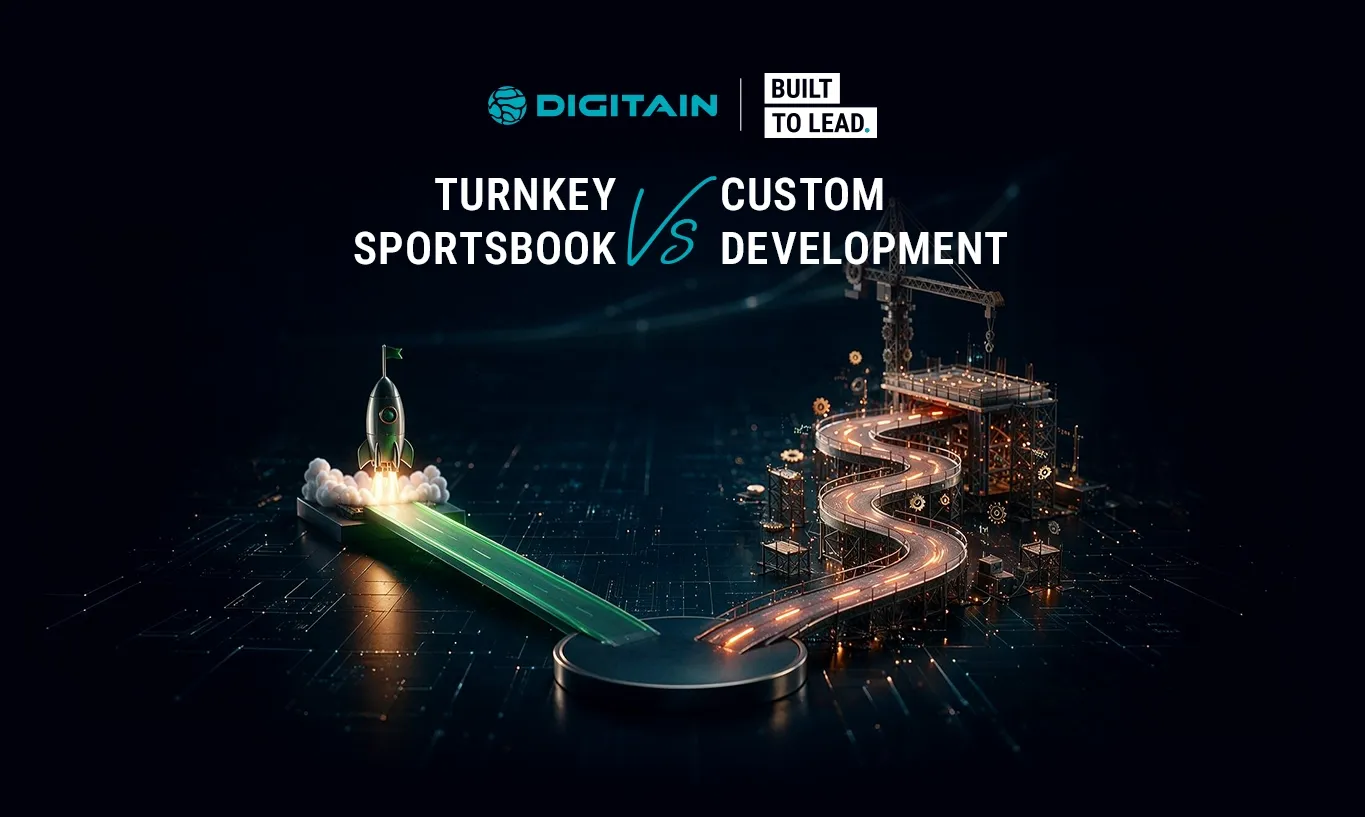 Digital visualization comparing a sleek turnkey sportsbook solution with complex custom development.