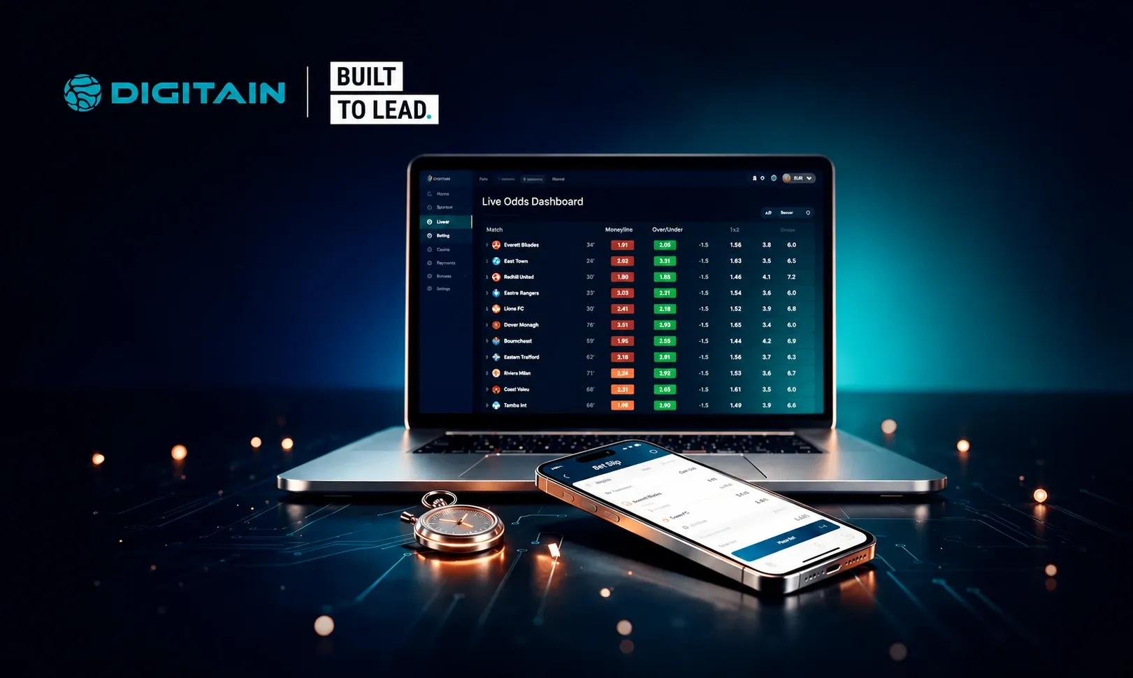 Digitain laptop displays a data dashboard, with a smartphone and smart device nearby.