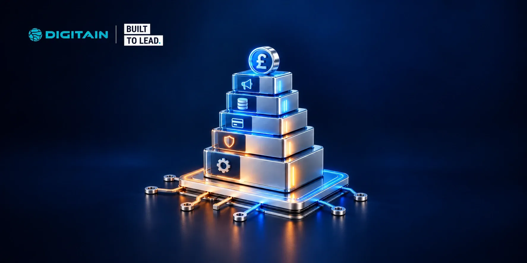 Pyramid of glowing tech blocks with currency symbols topped by a pound coin.