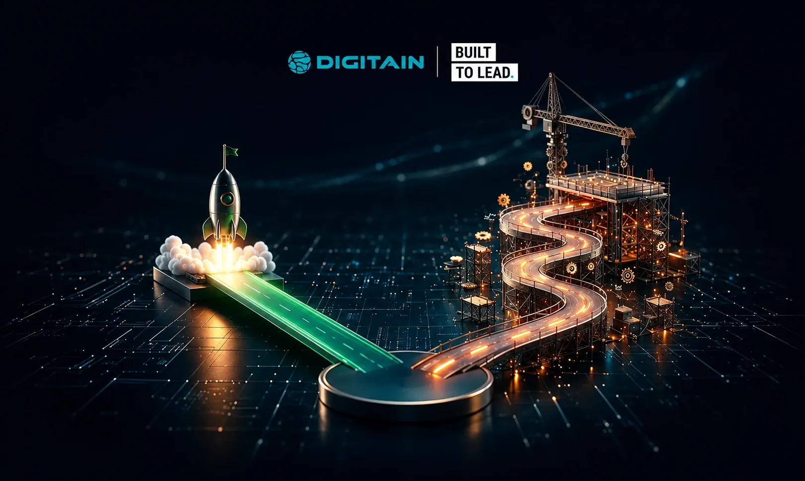 Rocket launches green energy beam towards digital construction site with Digitain logo.