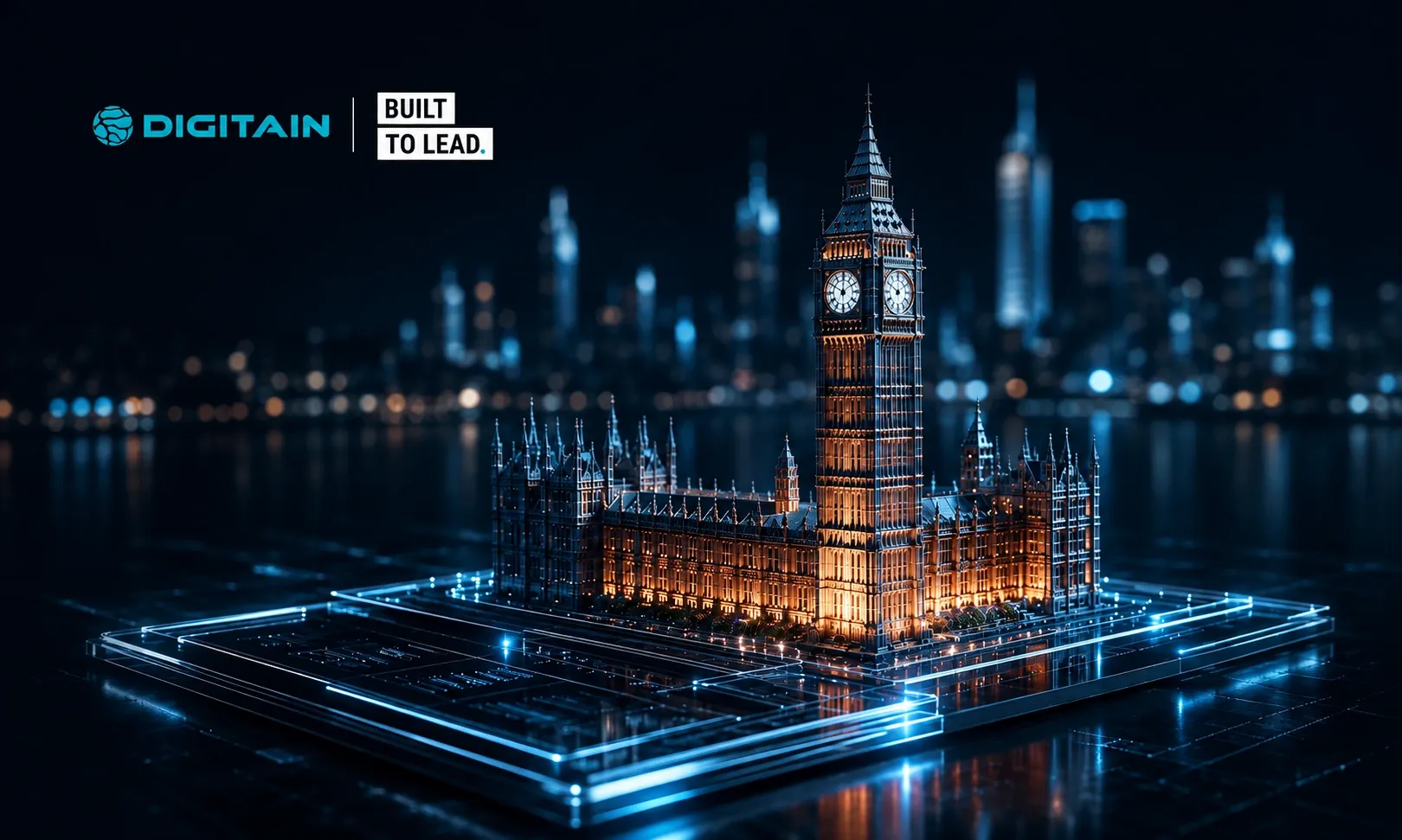 Digitain's digital 3D model of Big Ben and Parliament glowing against a city skyline.