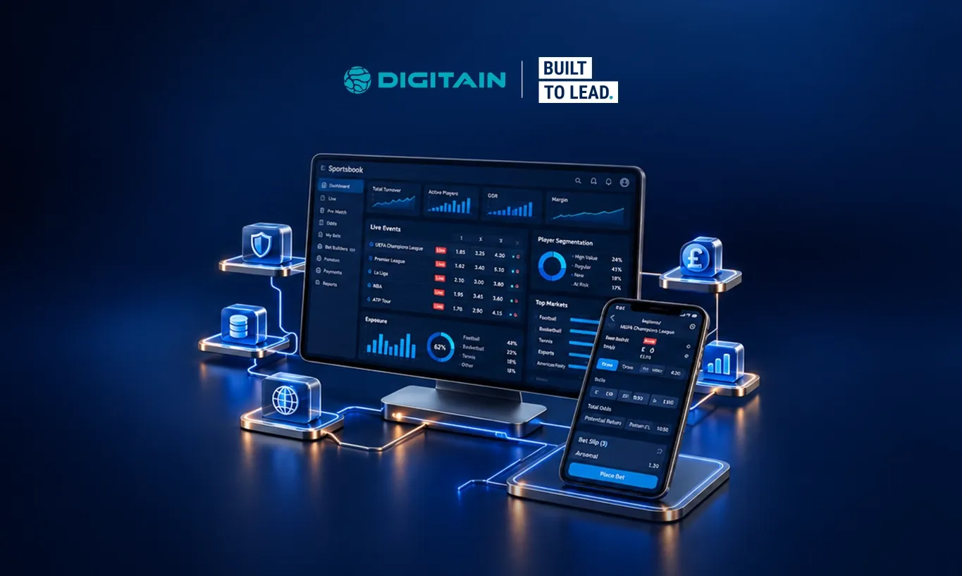 Digitain's data analytics dashboards displayed on a monitor and smartphone within a secure network.