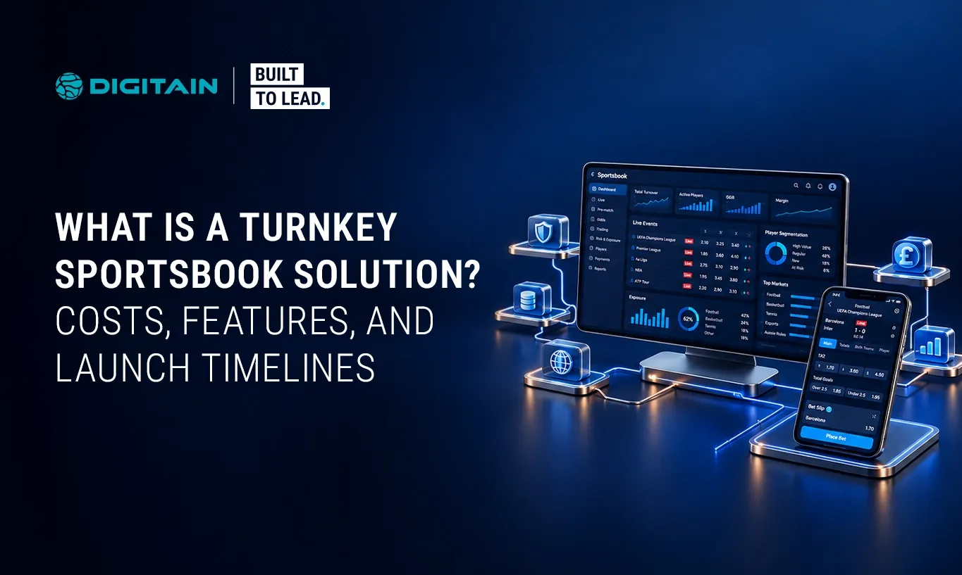 Connected digital devices demonstrate a turnkey sportsbook solution, detailing costs, features, and timelines.