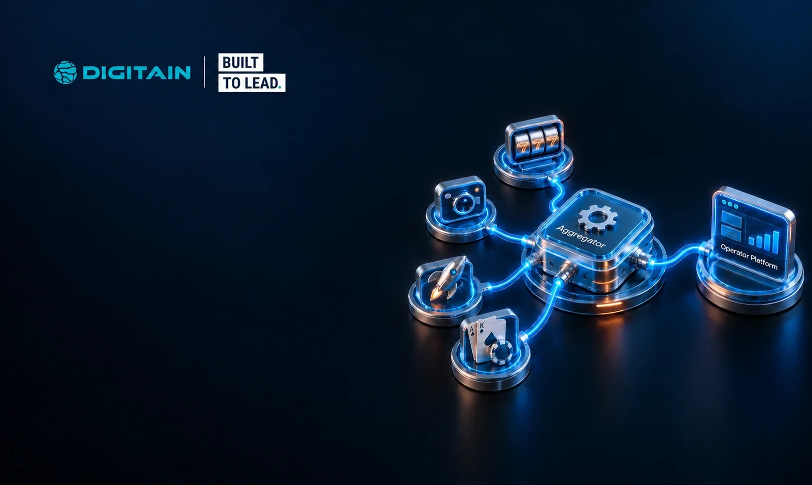 Digitain platform connecting various gaming and analytics modules with glowing blue lines.